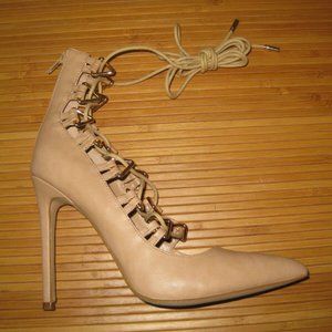 Privileged Shoes Senna Pump Tan Beige Size 8 NIB Lace Up Pointed Toe Stiletto